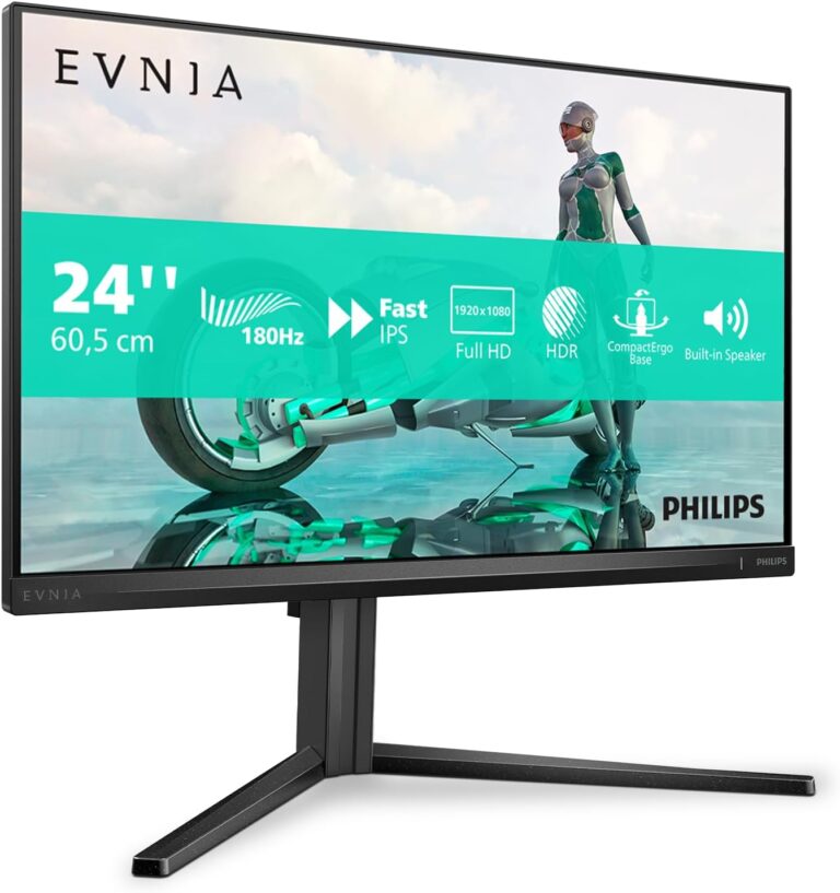 Philips présente le moniteur de jeu Evnia 24M2N3200AM avec écran 24 pouces et 180 Hz.