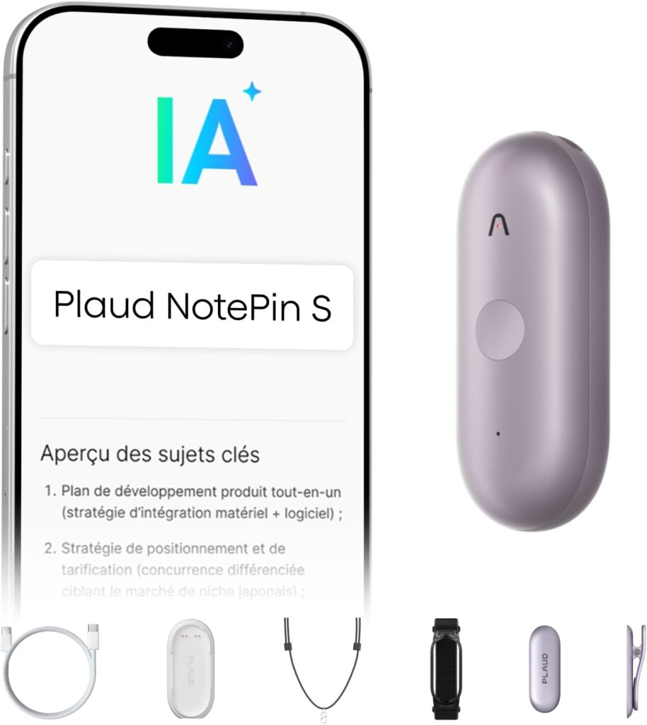 Plaud NotePin S : Enregistreur vocal numérique avec transcription IA pour réunions et interviews.