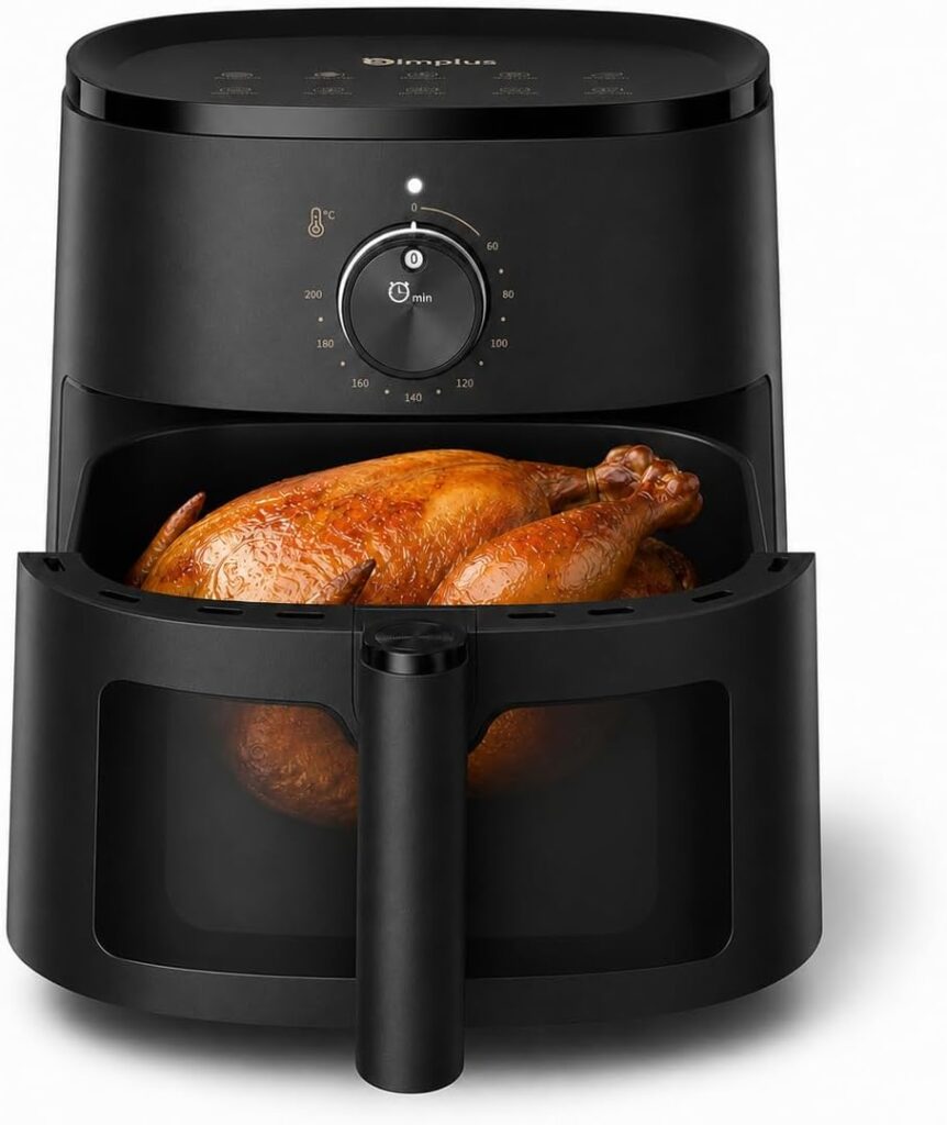 SIMPLU Air Fryer 5L : Friteuse sans huile, 1300W, 10 menus guidés, silencieuse, compacte.