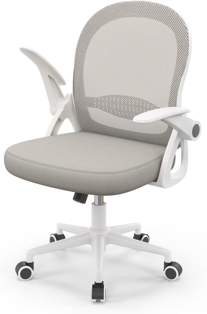 Naspaluro présente un fauteuil de bureau avec accoudoirs pliants et soutien lombaire en gris