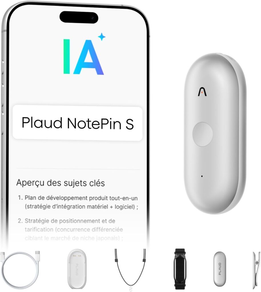 Plaud NotePin S : enregistreur vocal numérique avec transcription AI pour réunions et interviews.