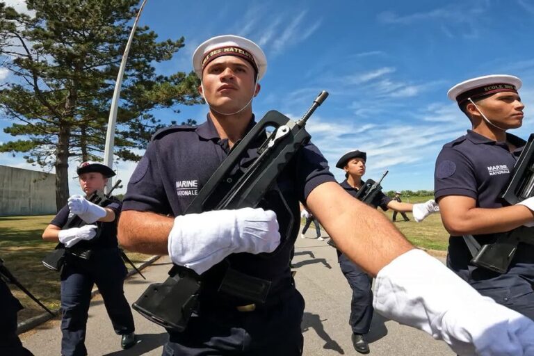 Apprentis matelots en défilé sur les Champs-Élysées pour la fête nationale française.