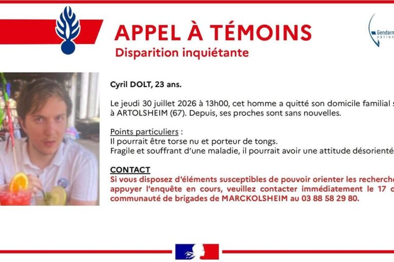 Disparition d’un jeune homme de 23 ans dans le Bas-Rhin : la gendarmerie lance des recherches.