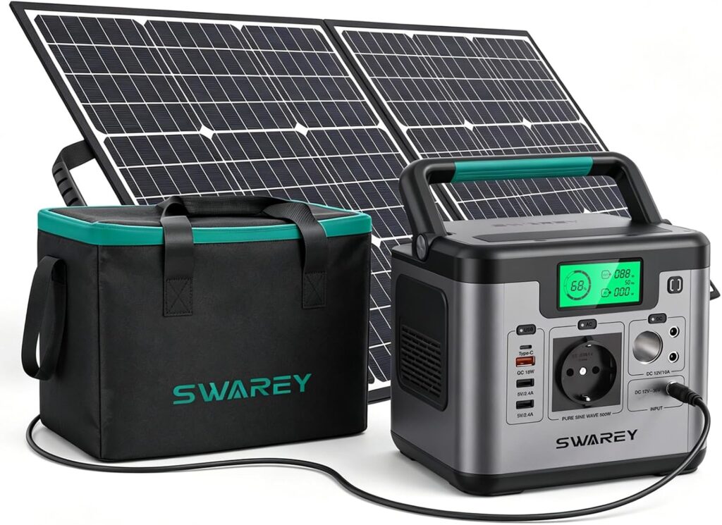 Générateur électrique portable 518Wh avec panneau solaire et sortie 220V, USB, Type-C