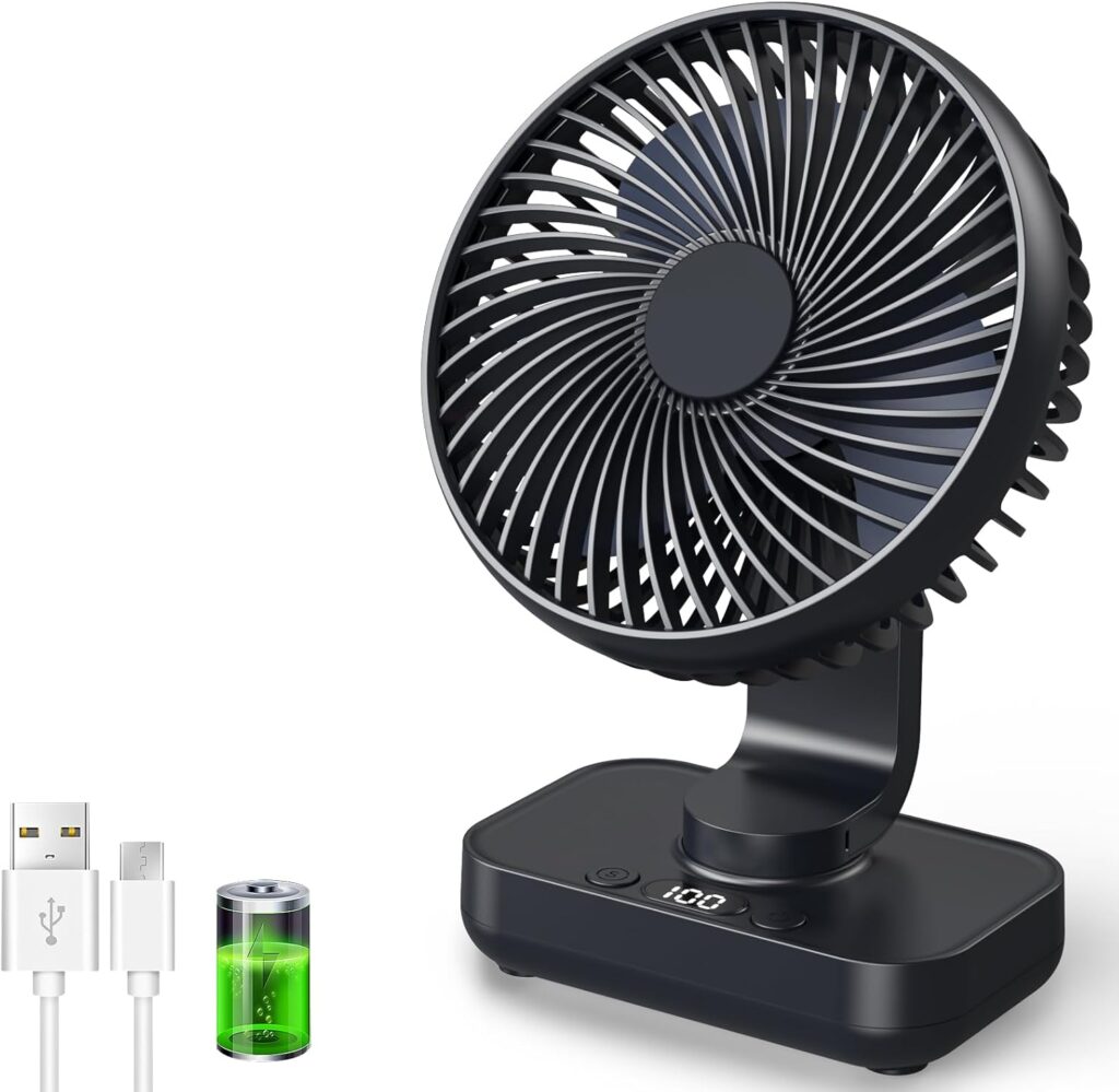Ventilateur de table USB avec oscillation automatique et batterie rechargeable de 4500mAh pour usage intérieur et extérieur.