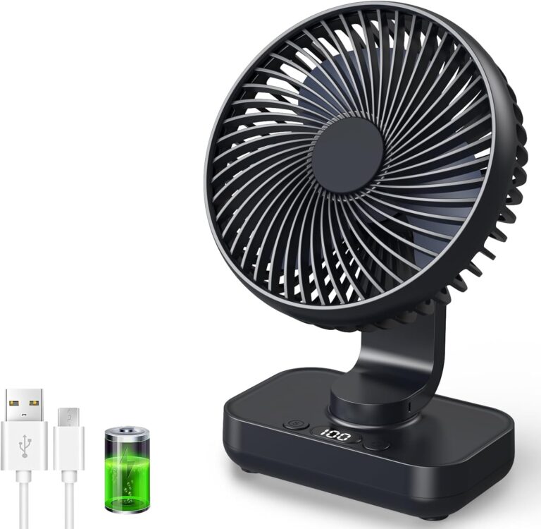 Ventilateur de table USB avec oscillation automatique et batterie rechargeable de 4500mAh pour usage intérieur et extérieur.