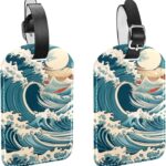 Deux étiquettes de bagages en cuir japonais, motif vagues océaniques, pour valises.