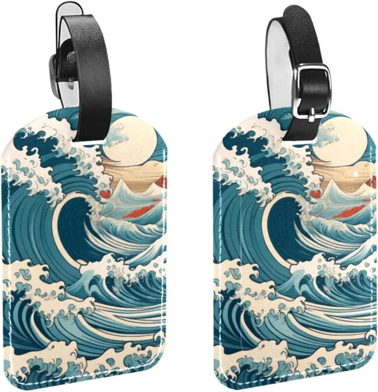 Deux étiquettes de bagages en cuir japonais, motif vagues océaniques, pour valises.