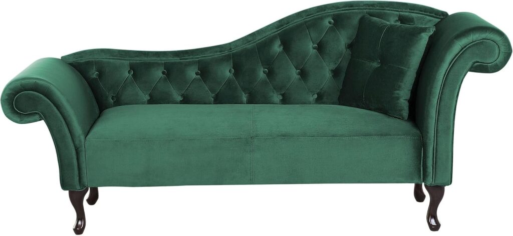 Beliani lance une chaise longue Chesterfield en velours vert foncé pour les bureaux et livres.