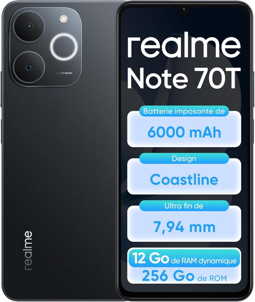 Realme Note 70T : Smartphone 4+256GB, écran 90Hz, batterie 6000mAh, protection IP54.