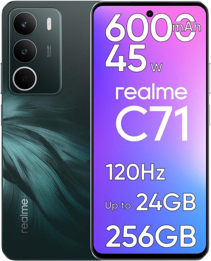 Realme C71 : Smartphone 8 Go RAM, 256 Go ROM, écran 6,67 pouces, 50 MP, batterie 6000 mAh.