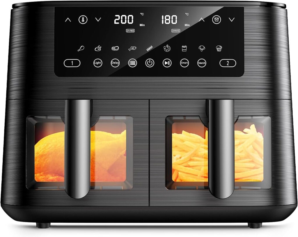 Friteuse à air à deux zones de 9L : cuisson sans huile avec 9 modes et tiroirs doubles.