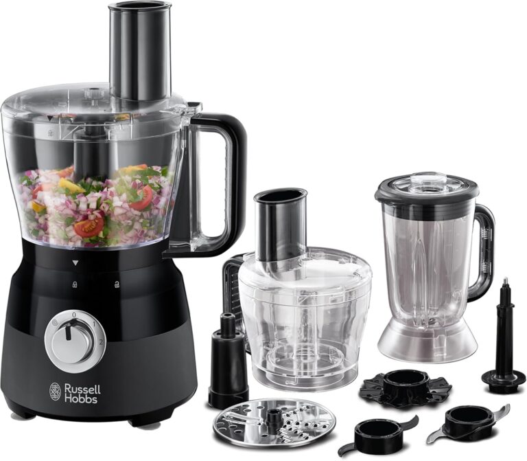 Russell Hobbs présente un robot culinaire multifunctionnel 600W avec accessoires lavables.