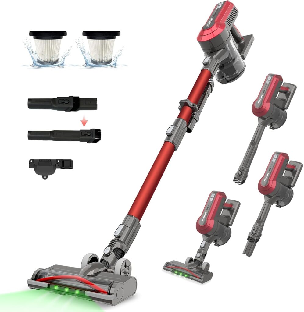 Aspirateur sans fil Akitas V10A : moteur numérique, autonomie de 50 min, brosse anti-enchevêtrement.