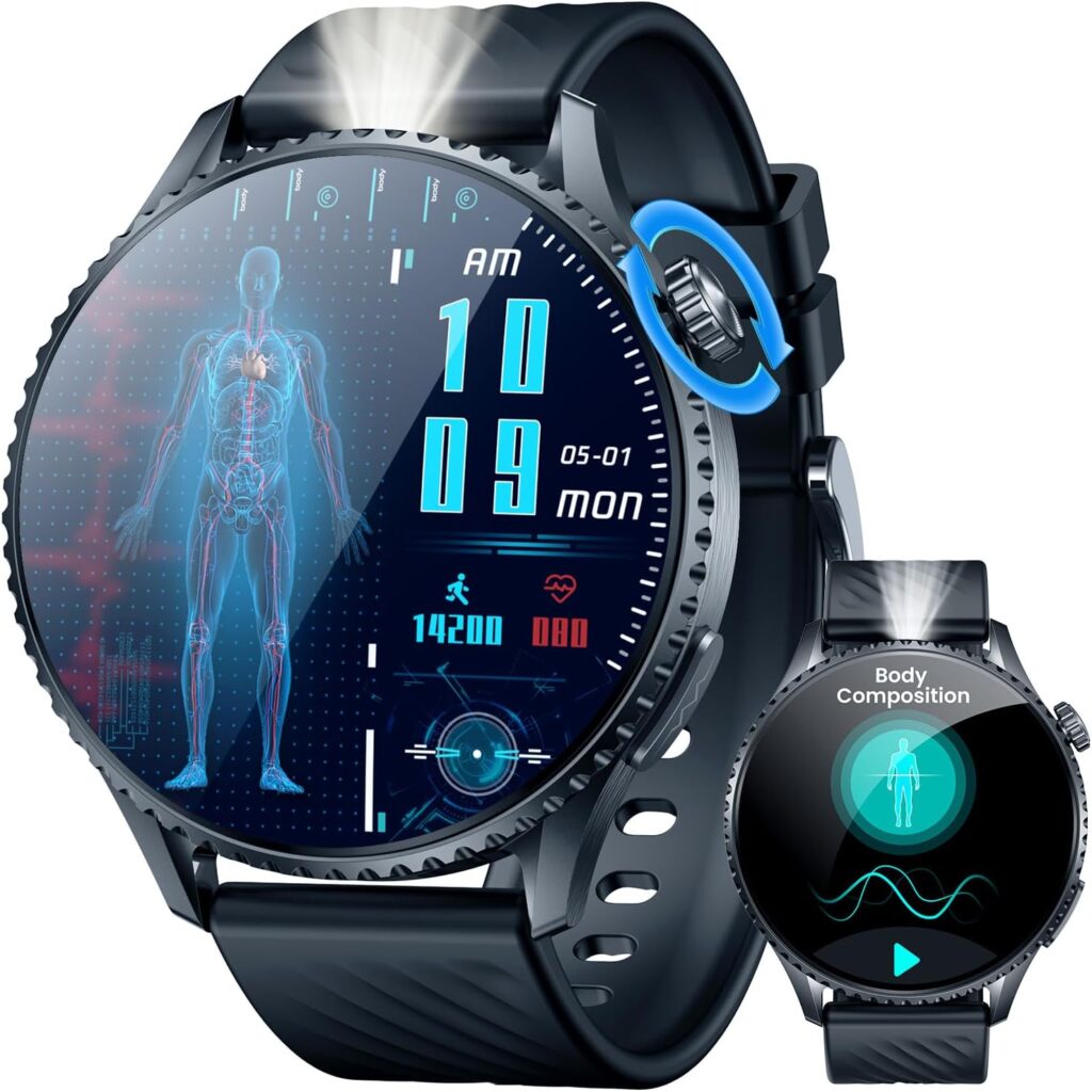 Montre intelligente avec écran AMOLED de 1,56 pouce et fonctions de santé pour Android et iOS.