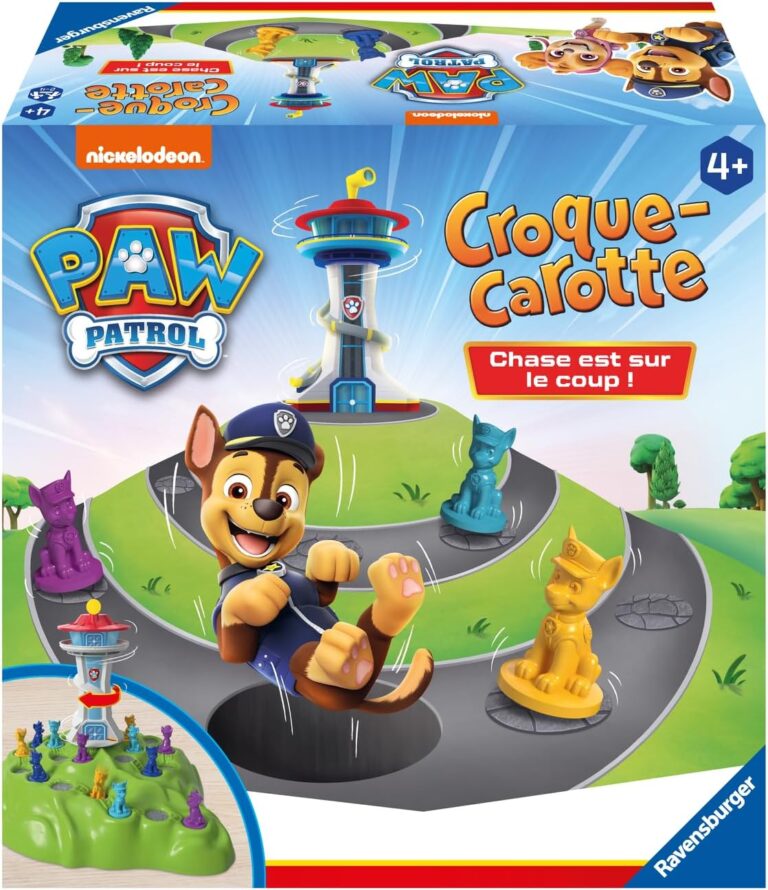 Ravensburger présente le jeu de course Carrot Crunch de Paw Patrol pour 2 à 4 joueurs.