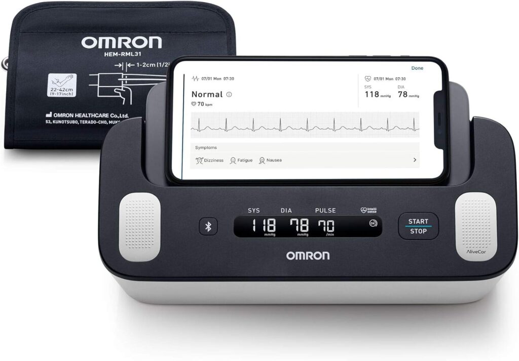 Omron Complete : Moniteur de pression artérielle et ECG validé cliniquement pour détection des arrêts cardiaques.