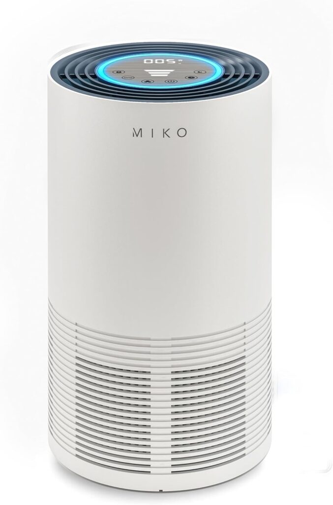 Miko Air Purifier avec filtre HEPA H13, adapté pour des surfaces de 135 m2, élimine 99,97 % des particules.