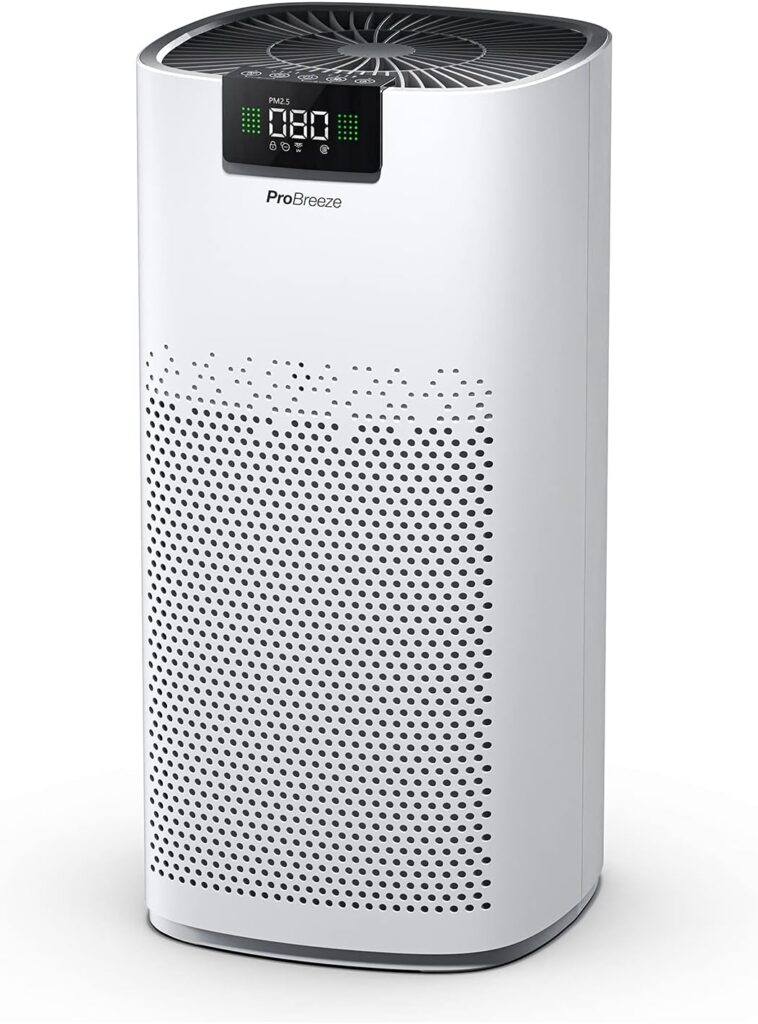 Purificateur d’air Pro Breeze : filtration HEPA 99,95 % et capacité de 460 m³/h pour espaces jusqu’à 140 m²