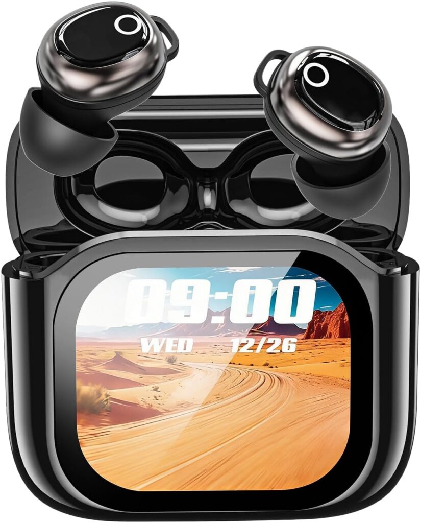 Écouteurs JM28 : Étui à écran couleur intelligent et fonctions pour appels et divertissement