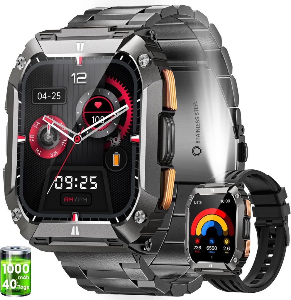 Montre connectée militaire pour hommes, 1000 mAh, étanche 5ATM, 100+ modes de sport.