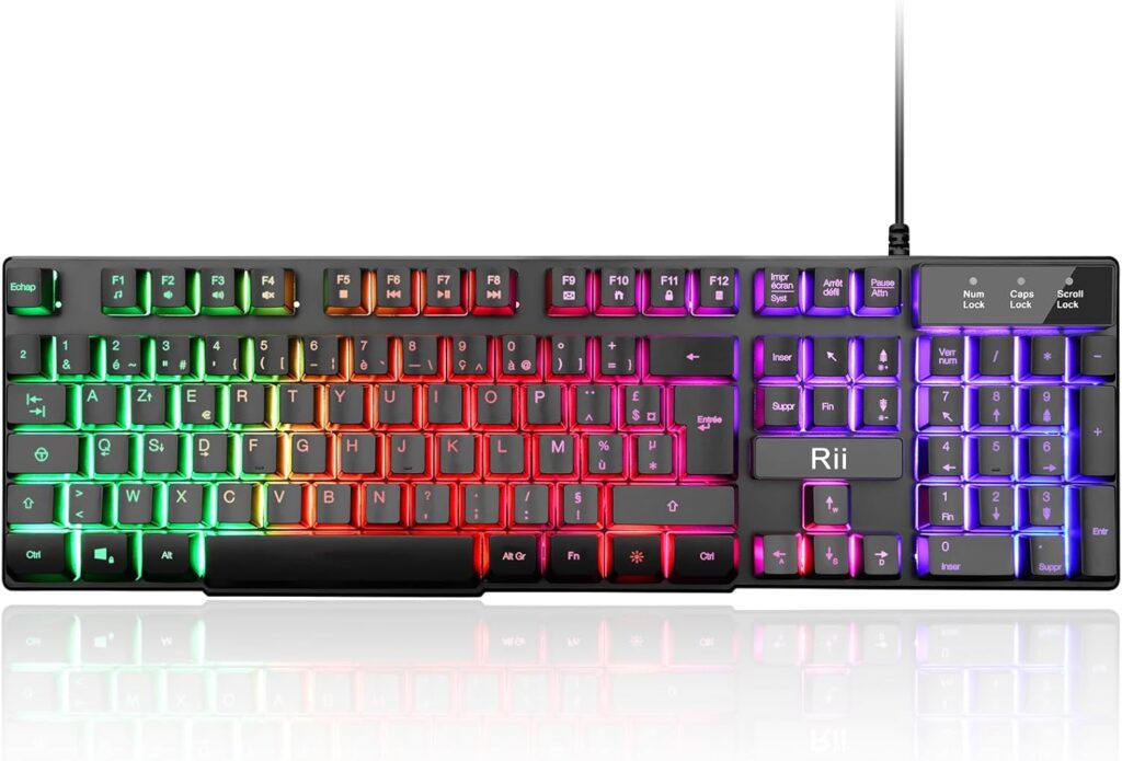 Rii Gaming Keyboard AZERTY : un clavier USB semi-mécanique avec 5 LED rétro pour PC et consoles.