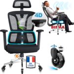MELOKEA : Chaise de bureau ergonomique 200 kg avec accoudoirs 4D et dossier inclinable.
