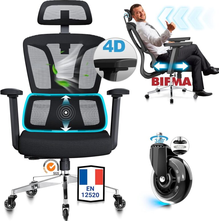 MELOKEA : Chaise de bureau ergonomique 200 kg avec accoudoirs 4D et dossier inclinable.