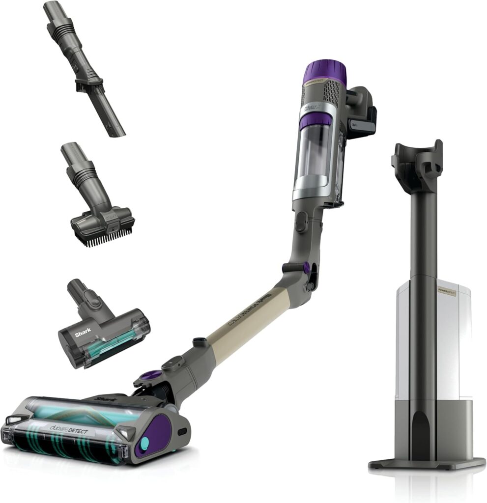 Aspirateur sans fil Shark : autonomie de 70 minutes, base auto-videuse de 2L et technologies avancées.