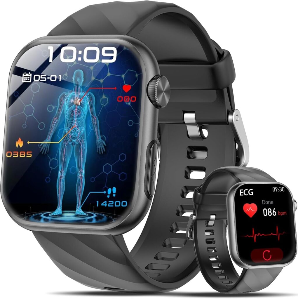 Montre intelligente 1,97″ avec ECG, SpO2 et suivi du sommeil pour Android et iOS.