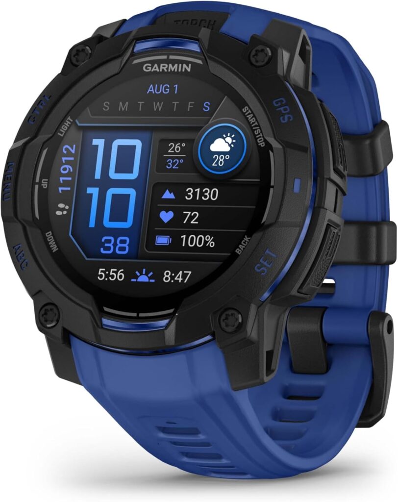 Garmin Instinct 3 : montre GPS intelligente AMOLED édition limitée, design robuste et bande bleue.