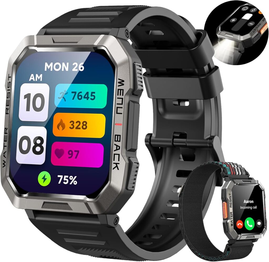 Montre connectée militaire 2,01 pouce, 900 mAh, suivis de santé et 100+ modes sportifs disponibles sur Android et iOS.