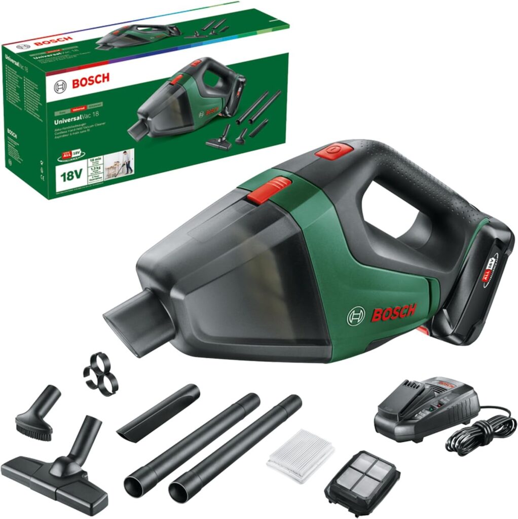 Bosch lance l’aspirateur sans fil UniversalVac 18 avec batterie de 2,5 Ah en carton.