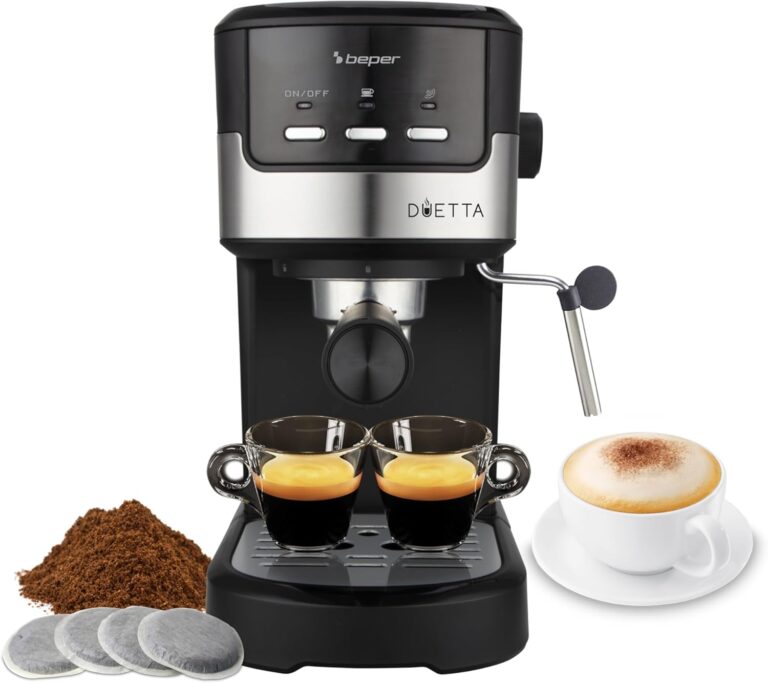 BEPER P101CAF100 : Machine à café espresso 1100W avec double bras et 15 bars de pression.