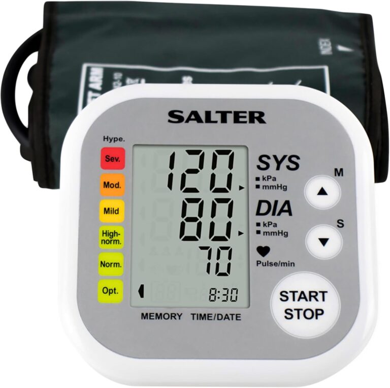 Salter présente le moniteur de pression sanguine BPA-9201-EU avec détecteur de rythme cardiaque irrégulier.