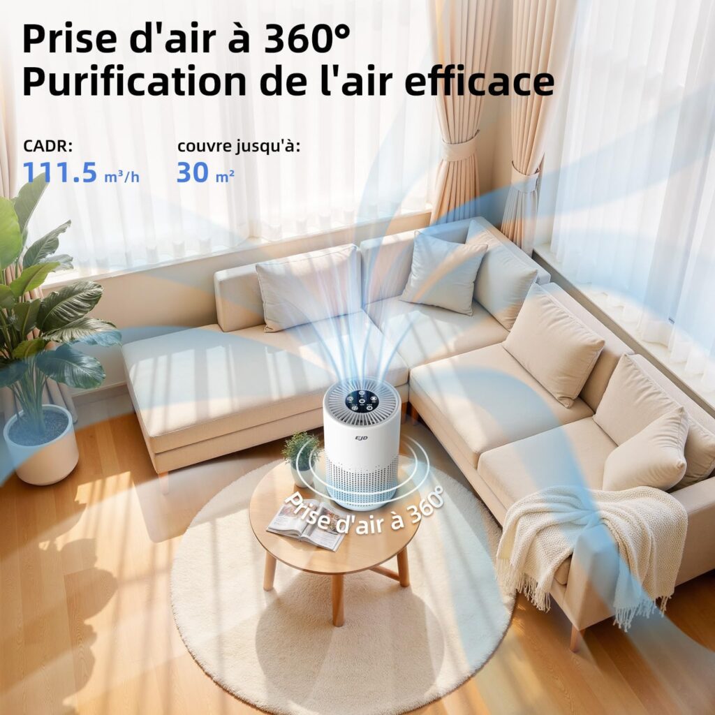 Purificateur d’air silencieux avec filtre H13 HEPA pour éliminer pollen et poussières dans la chambre