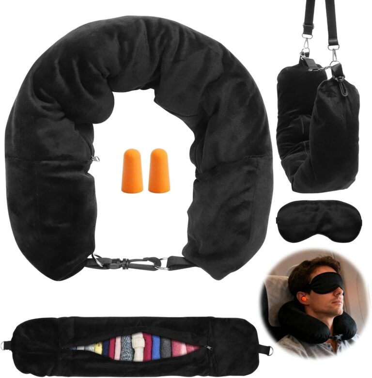 VOSSOT propose un oreiller de voyage multifonctionnel avec masque et bouchons d’oreilles.