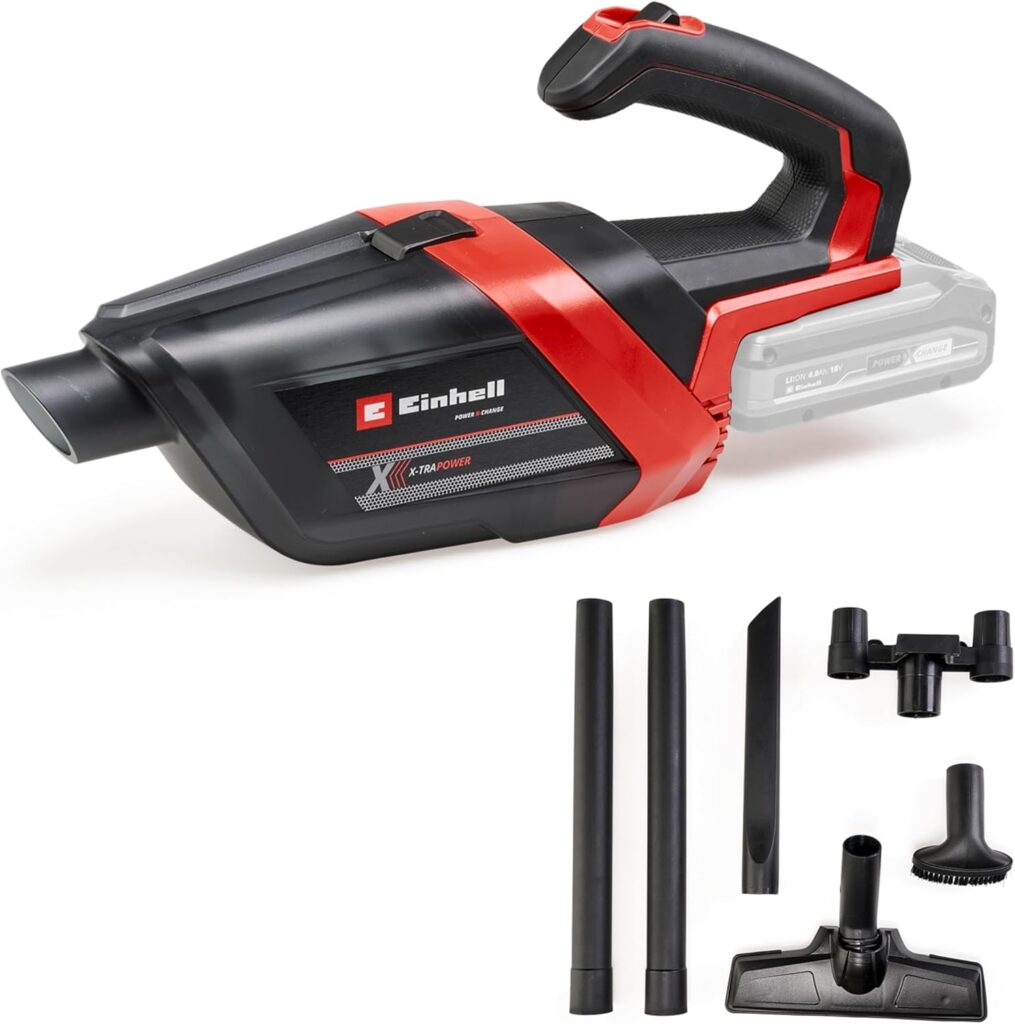 Einhell présente l’aspirateur à main sans fil TE-HV 18/06 Li-Solo avec une puissance d’aspiration de 72 mbar.