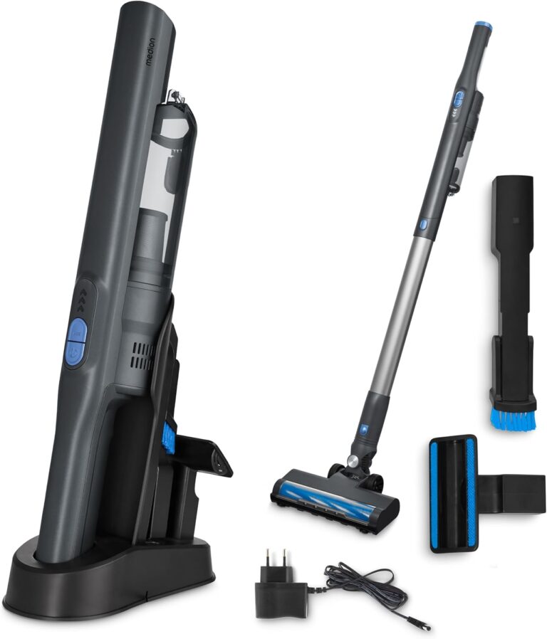 MEDION présente un aspirateur sans fil 2-en-1 avec moteur BLDC et filtre HEPA 13 pour allergènes.
