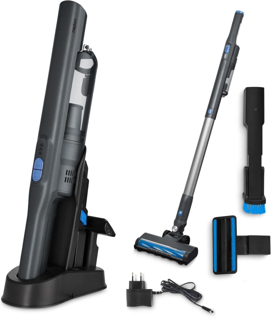 MEDION présente un aspirateur sans fil 2-en-1 avec moteur BLDC et filtre HEPA 13 pour allergènes.