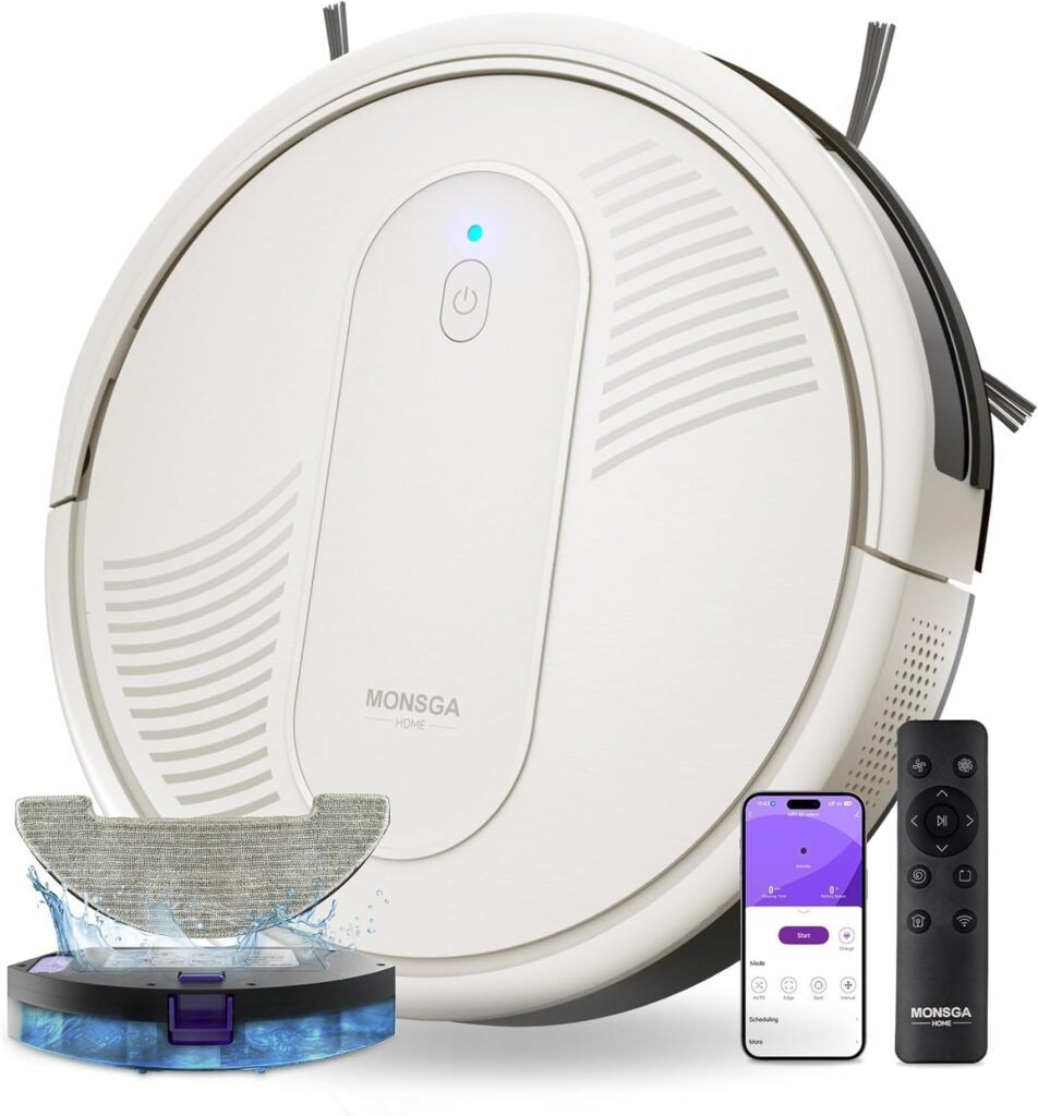 MONSGA Robot Vacuum Cleaner : 4000Pa, 140min d’autonomie, pour sols durs et sous meubles