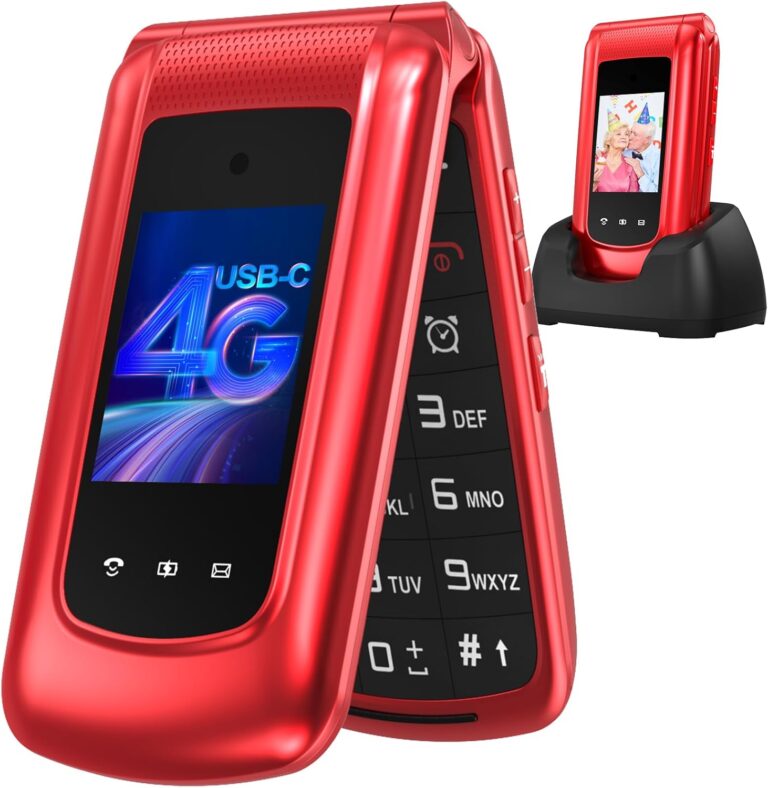 Téléphone mobile senior 4G déverrouillé avec gros boutons et double écran, conçu pour les aînés.