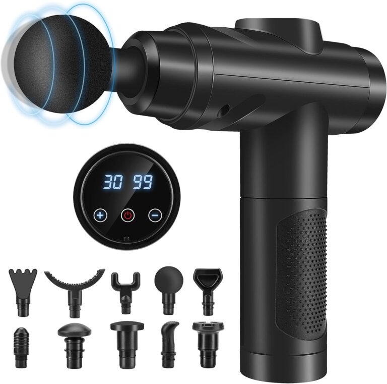 Massage Gun avec 30 vitesses et affichage LCD, 10 embouts pour muscles et dos.