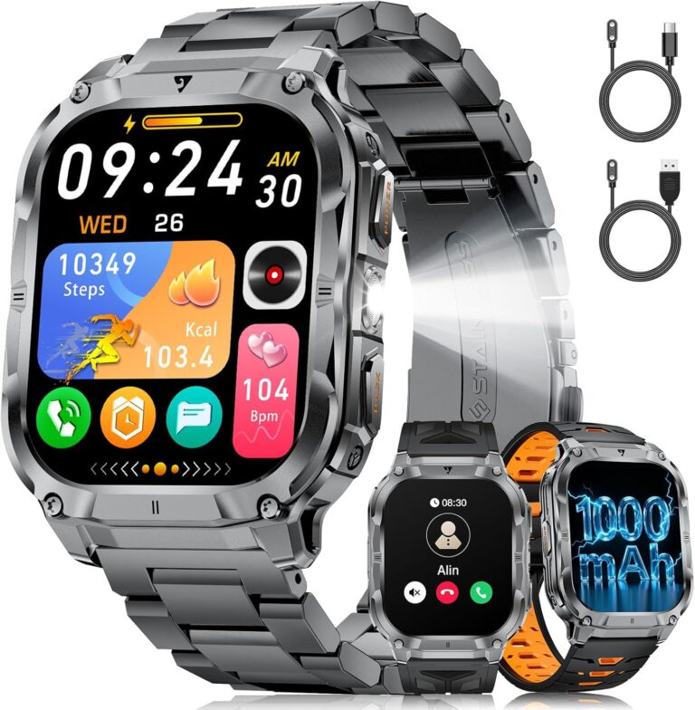 Montre connectée militaire homme avec écran HD de 2 pouces et 100 modes sportifs.