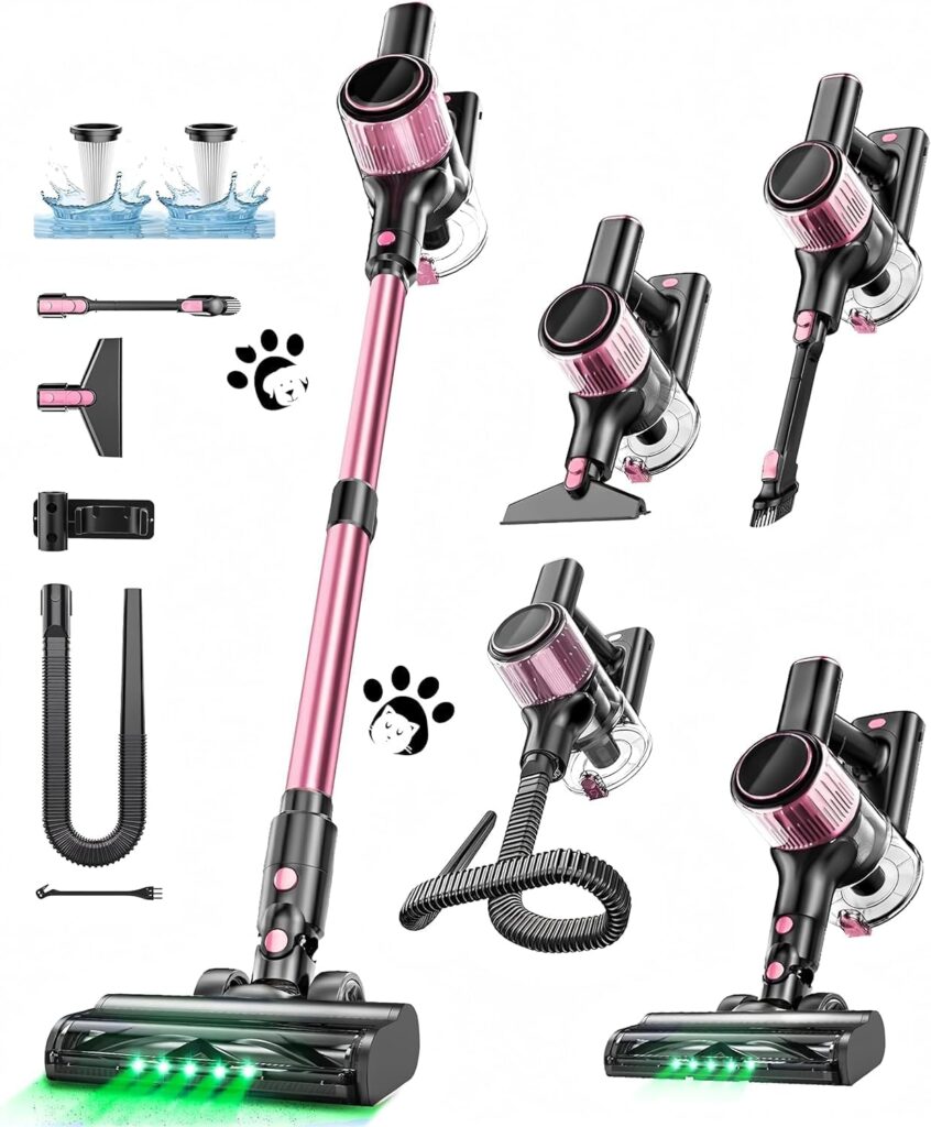 Aspirateur sans fil de 500W avec affichage LED et brosse anti-enchevêtrement, conçu pour divers sols.