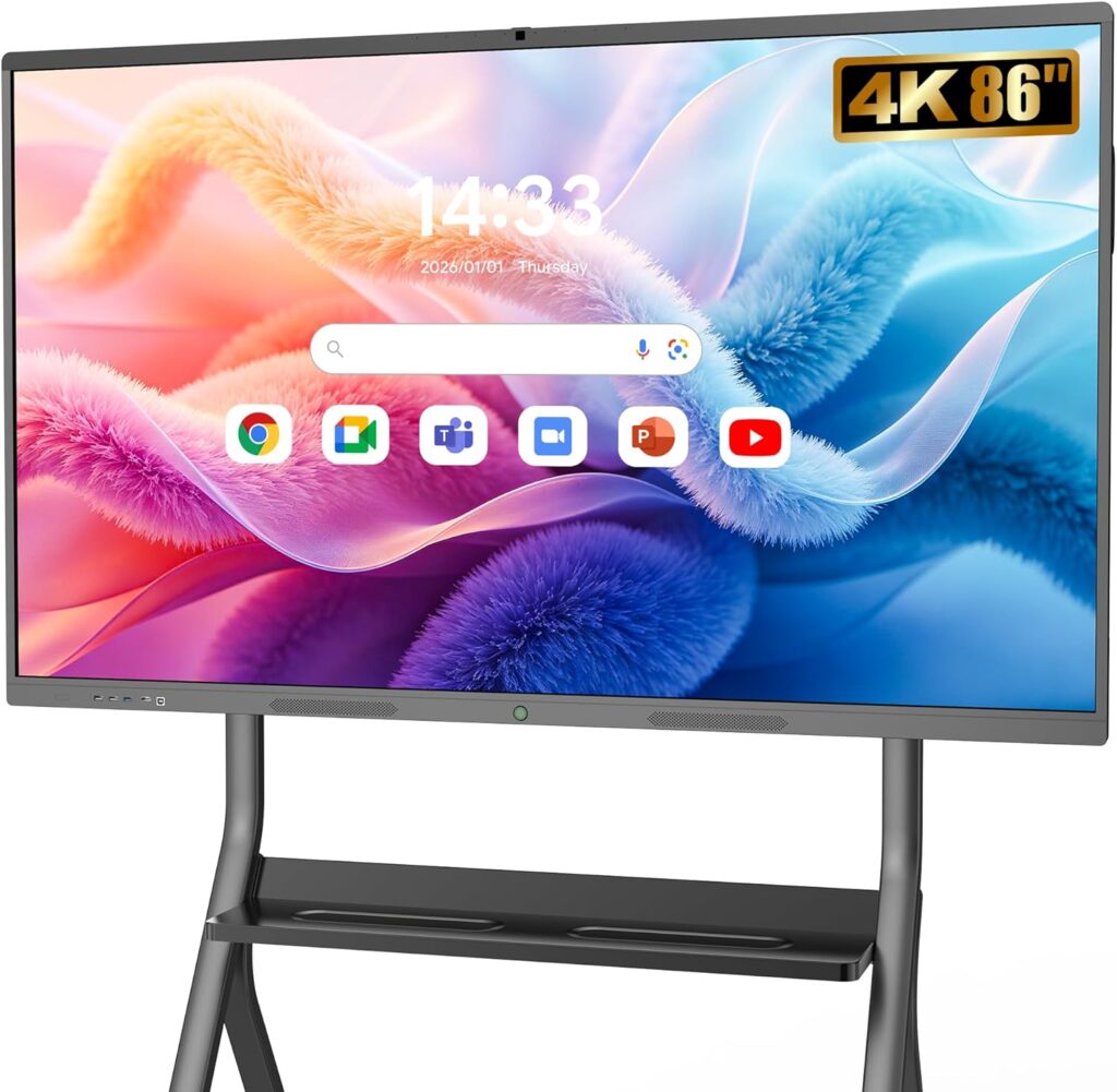 Écran interactif 86″ 4K UHD avec Android 14.0 pour salles de classe et bureaux.