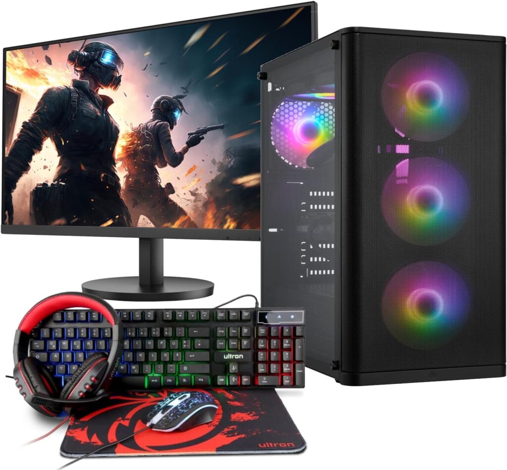Configuration PC Gamer Ryzen 7 5700G avec écran 24 pouces et kit gaming Ultron Hawk à 16 Go de RAM.