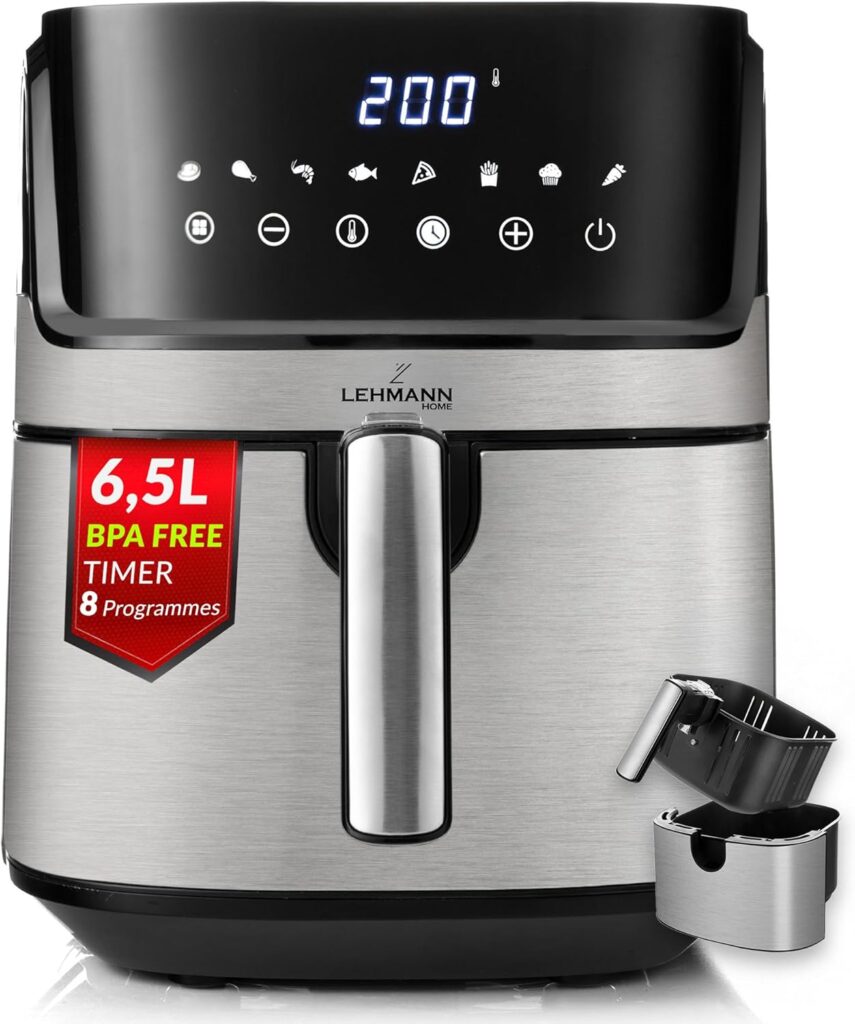 LEHMANN Air Fryer XL 6.5L : Friteuse sans huile avec 8 programmes et tiroir large.