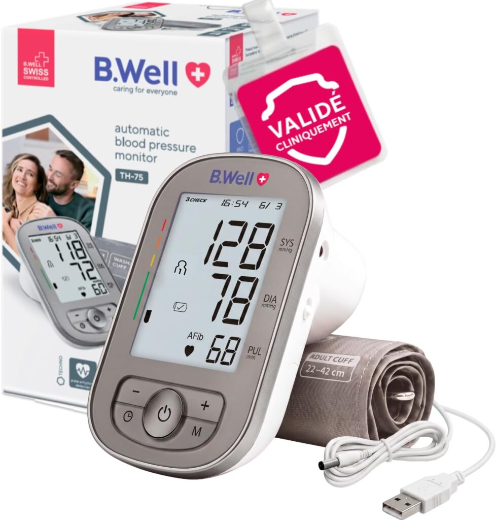 B.Well Swiss TH-75 : Moniteur de tension artérielle avec détection d’arythmie et armband lavable.