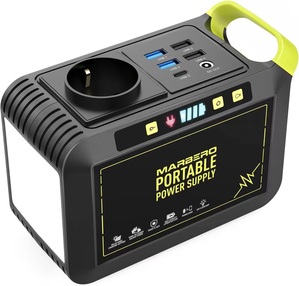 Station électrique portable MARBERO de 24 000 mAh pour camping et situations d’urgence.
